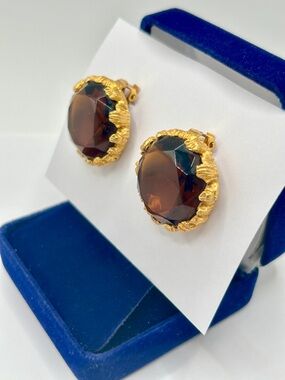 Gold 14k-Plated Amber Faceted Glass Clip-On Earrings